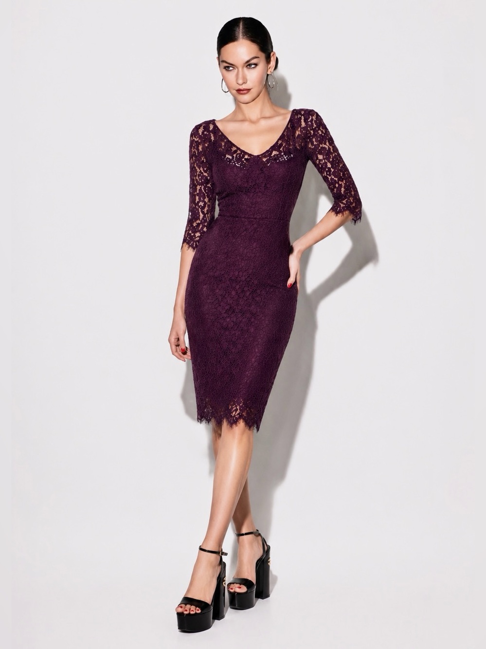 Dolce e Gabbana Elegant Plum Lace Sheath Dress - V-Neck, 3/4 Sleeve